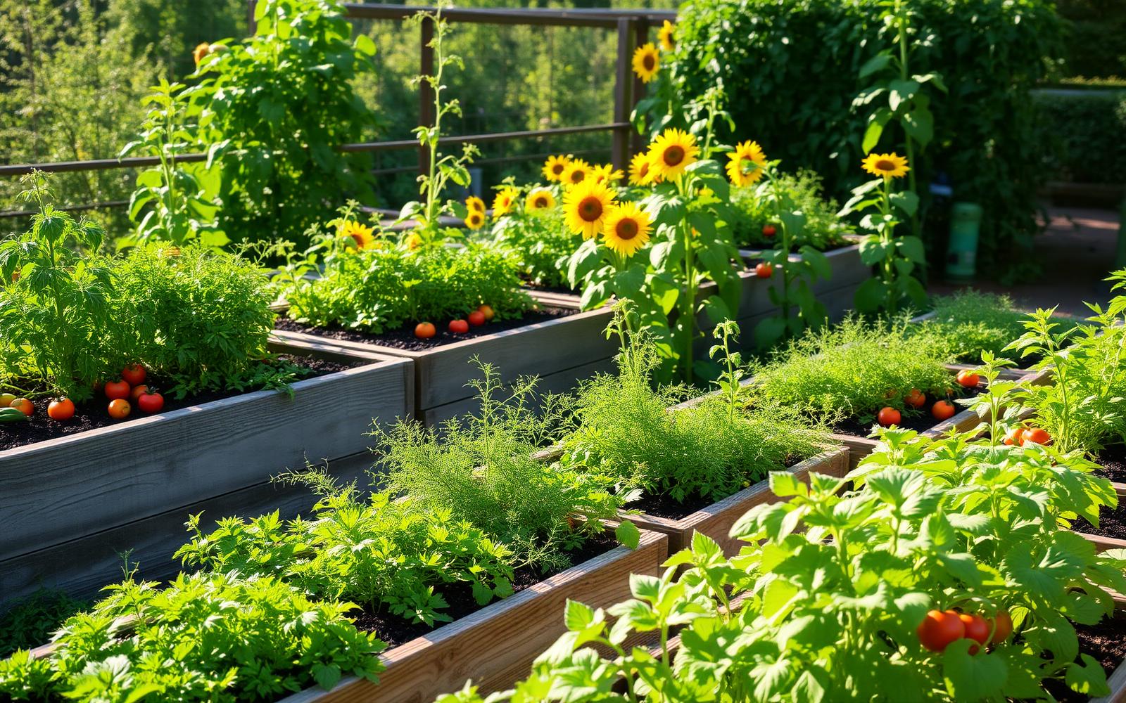 Üppiger Gemüsegarten mit Hochbeeten, Kräutern und Sonnenblumen