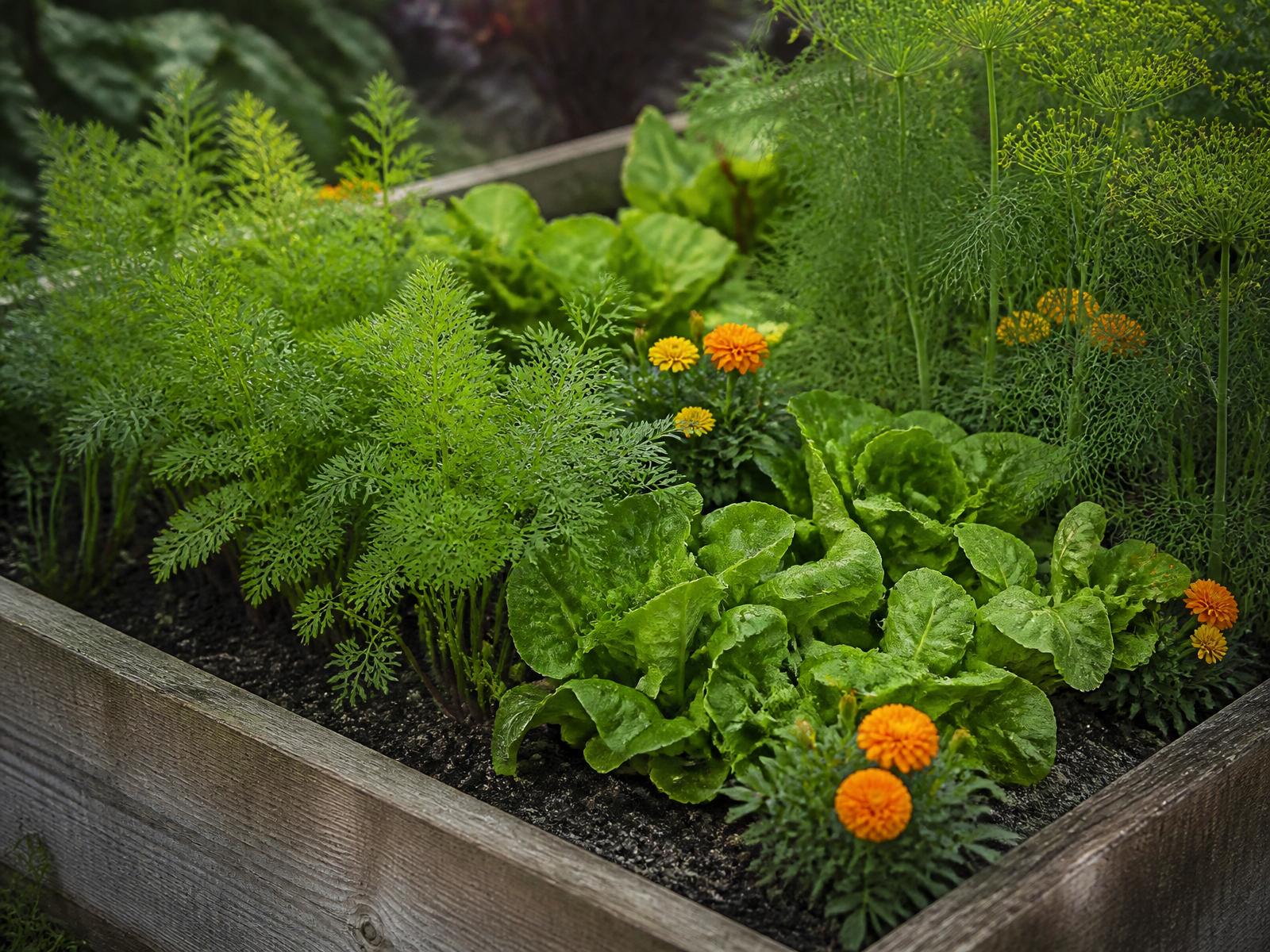 Mischkultur-Beet mit Karotten, Salat und Ringelblumen