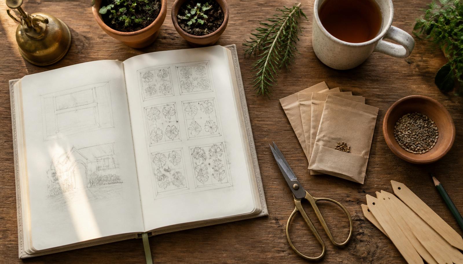Gartenplanung mit Notizbuch und Anzuchtschale